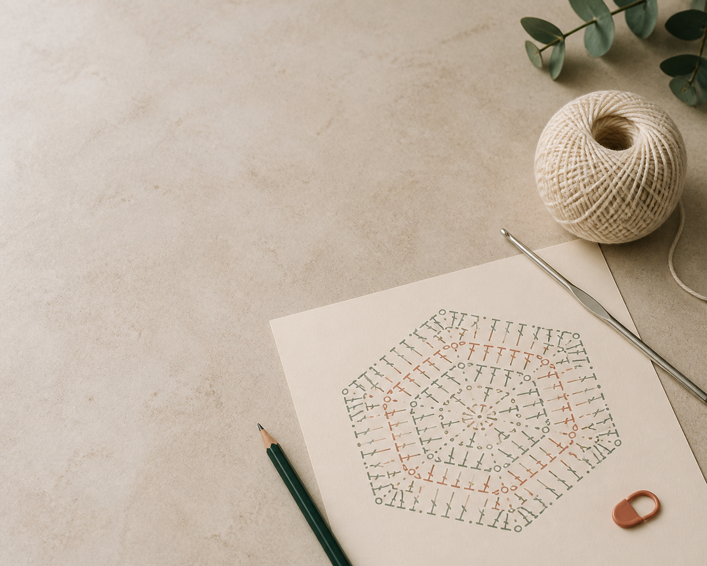 Illustrative crochet chart learning workspace with yarn, hook and chart paper