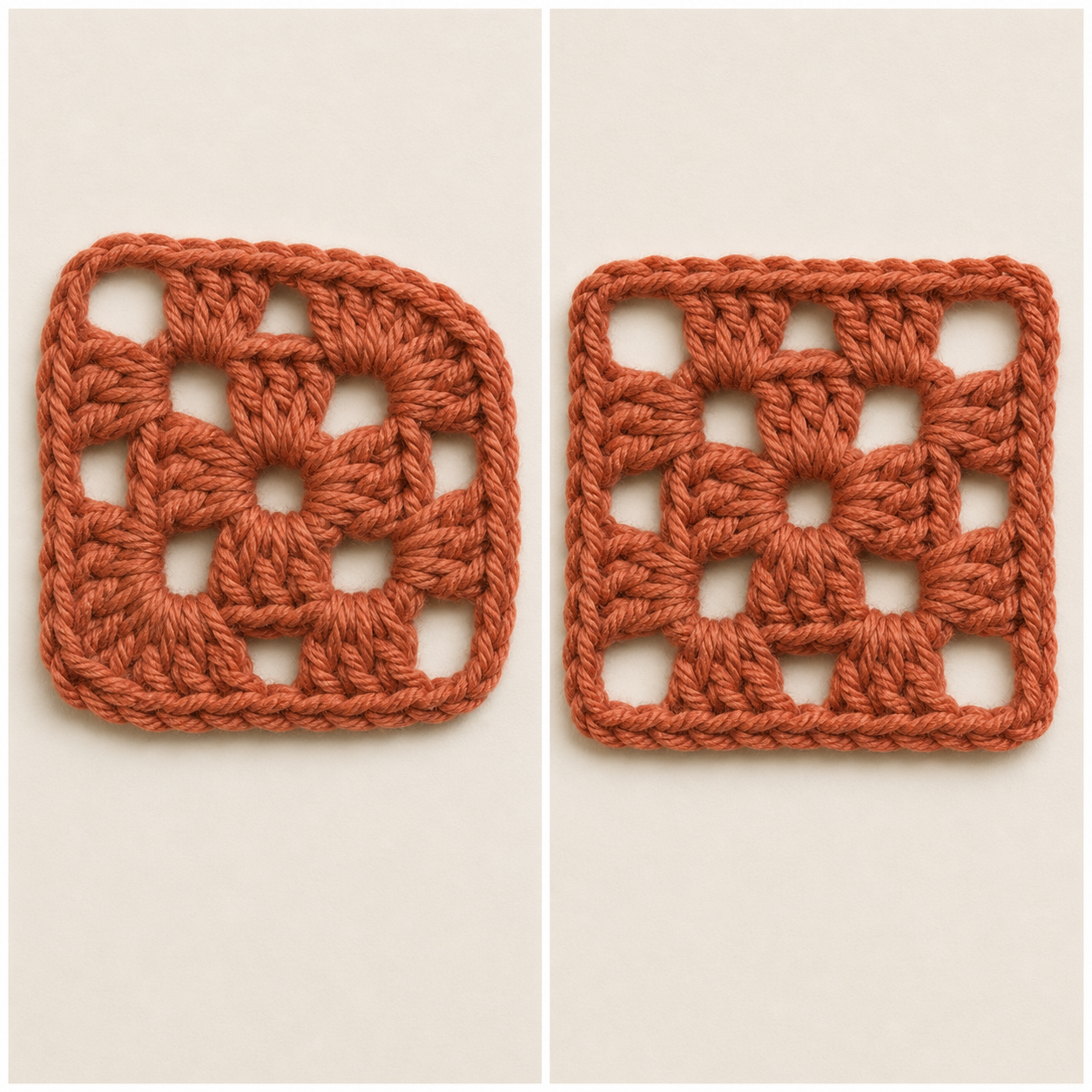 AI-assisted side-by-side comparison of a crochet square with a collapsed corner and a square with four clear corners.